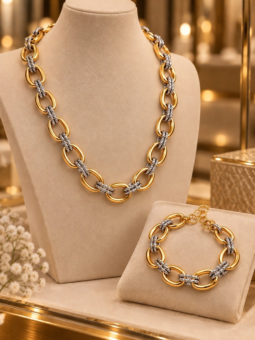 Elegant Two-Tone Gold and Silver Link Necklace & Bracelet Set